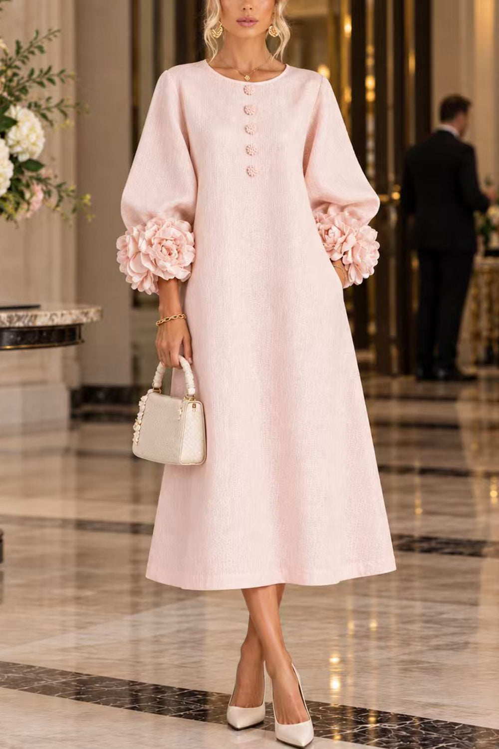 Floral Applique Puff Sleeve A-Line Midi Dress