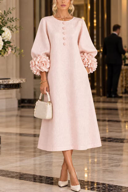 Floral Applique Puff Sleeve A-Line Midi Dress