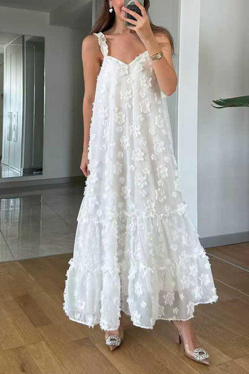 V Neck Sleeveless Flower Applique Ruffle Maxi Dress