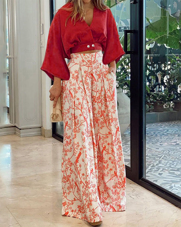 Clidress Short Tops and Printed Wide Leg Pants 2 Pieces Set