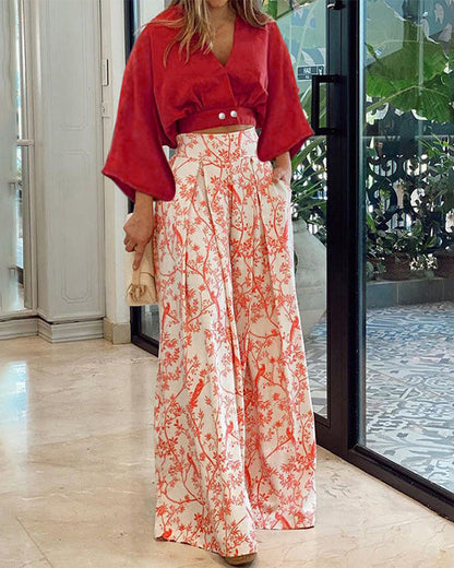 Clidress Short Tops and Printed Wide Leg Pants 2 Pieces Set