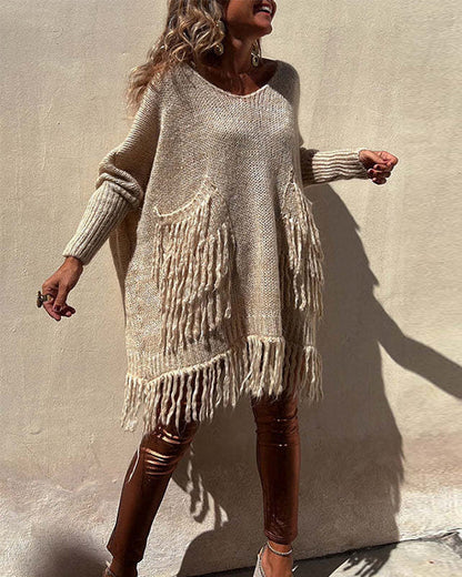 Clidress Oversized Tassel Poncho Sweater