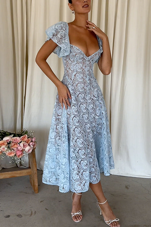 V Neck Flare Sleeves Floral Lace Midi Dress