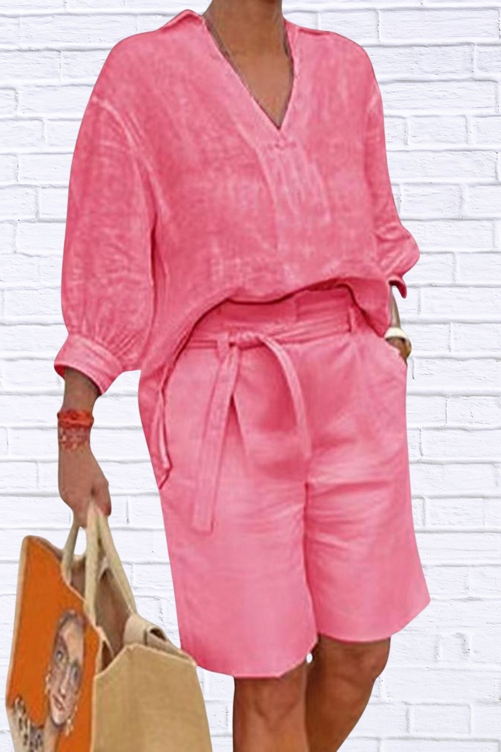 Plus Size Johnny Collar Top & Shorts Set for Women | 3/4 Sleeve Casual Matching Outfit | Comfortable Loungewear & Summer Set