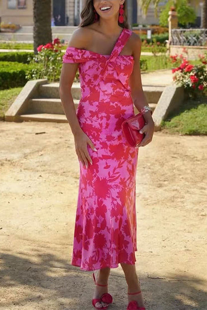 Twist Front High Waist Floral Print Midi Dress