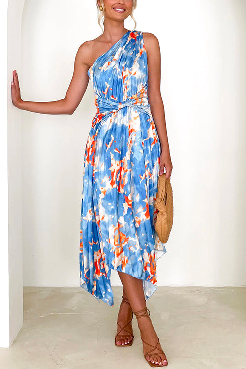 One Shoulder Twist Front Printed Irregular Dress Blue