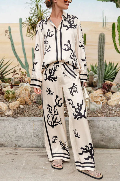 Long Sleeves Button Up Reef Print Satin Shirt