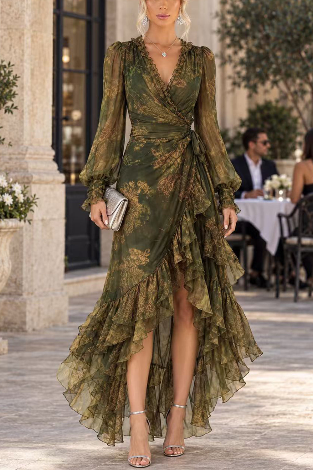 V Neck Long Sleeves Printed Wraped Ruffle Maxi Dress