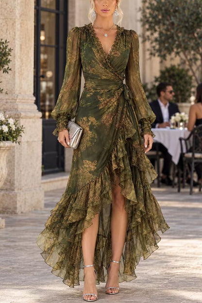 V Neck Long Sleeves Printed Wraped Ruffle Maxi Dress