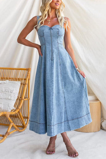 Sleeveless Zipper Up Front Denim Swing Midi Dress
