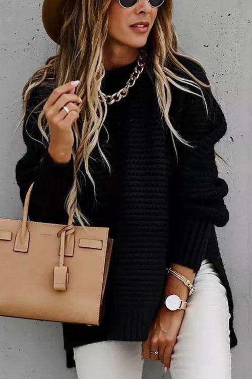 Clidress Loose Fit Hand Twist Split Sweater