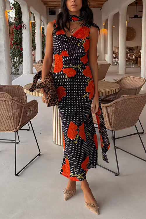 Cowl Neck Backless Floral Print Maxi Dress with Scarf