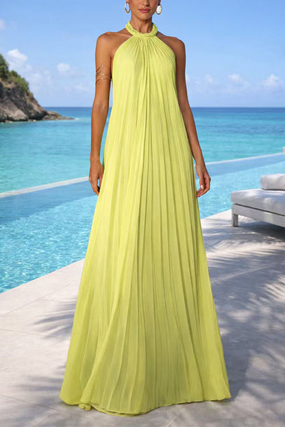 Halter Neck Open Back Pleated Maxi Dress