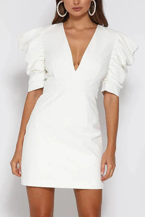 V Neck Backless Ruched Puff Sleeves Mini Dress