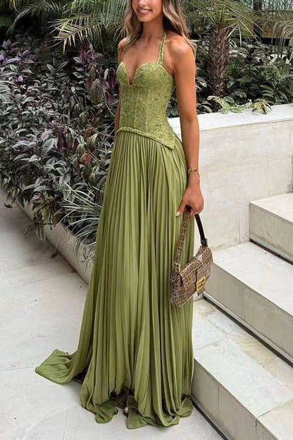 Halter Neck Back Lace-up Pleated Maxi Dress