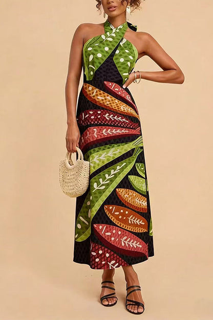 Halter Neck Backless Fish Print Maxi Dress