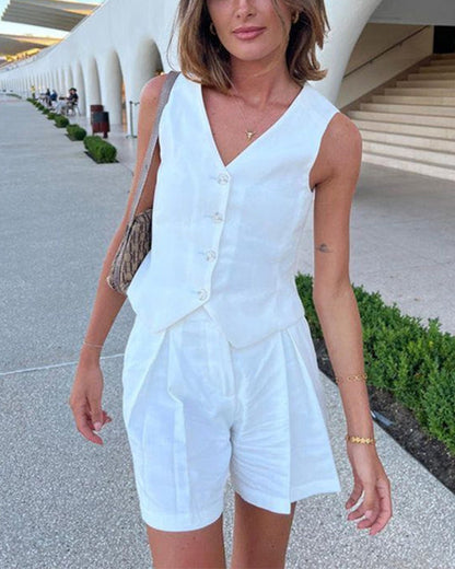 Clidress V Neck Buttons Vest & Shorts Set