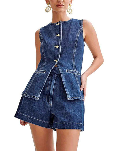 Clidress Denim Tank Top & Jeans Shorts Set