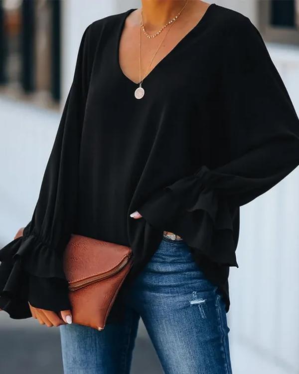Clidress V Neck Scollop Sleeve Satin Top