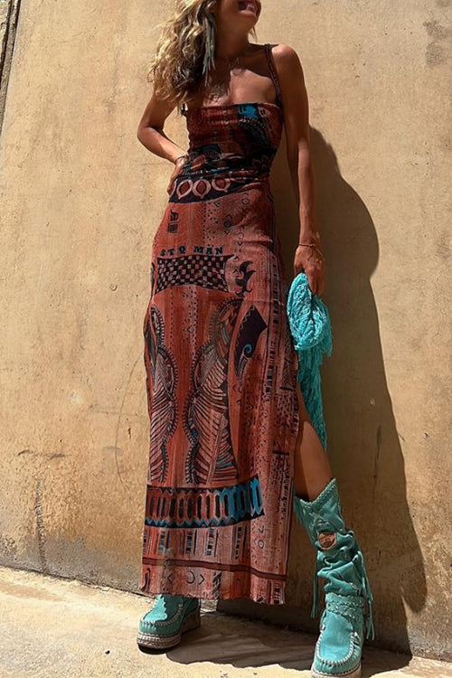 Backless Lace-up Side Split Printed Maxi Dress Print