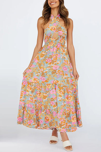 Criss Cross Halter Backless Cut Out Slit Floral Maxi Dress LightBlue
