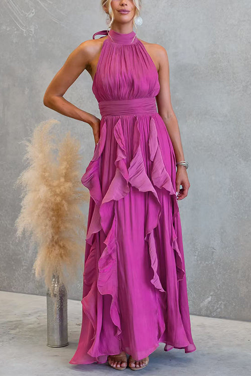 Halter Neck Waisted Ruffle Maxi Dress