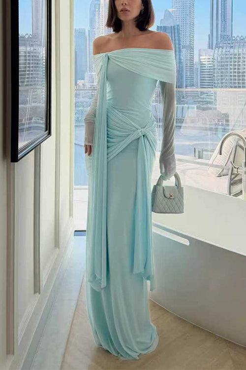 Off Shoulder Long Sleeves Knot Waist Draped Maxi Dress