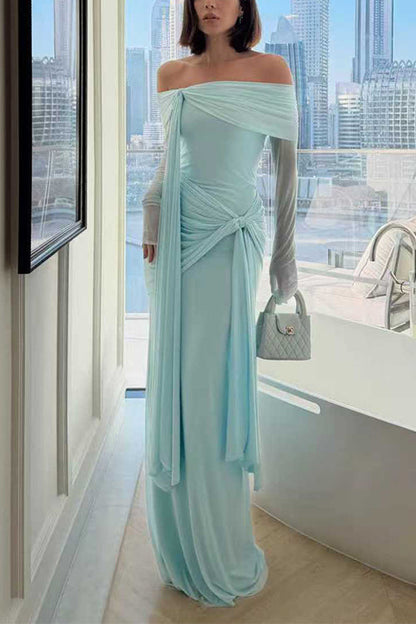 Off Shoulder Long Sleeves Knot Waist Draped Maxi Dress