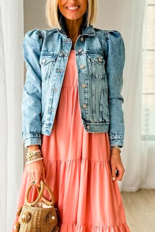 Vintage Distressed Button Up Pocketed Denim Jacket LightBlue