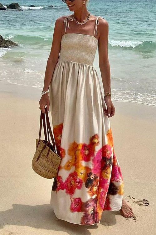 Bow Shoulder Smocked Floral Print Cami Maxi Vacation Dress Floral