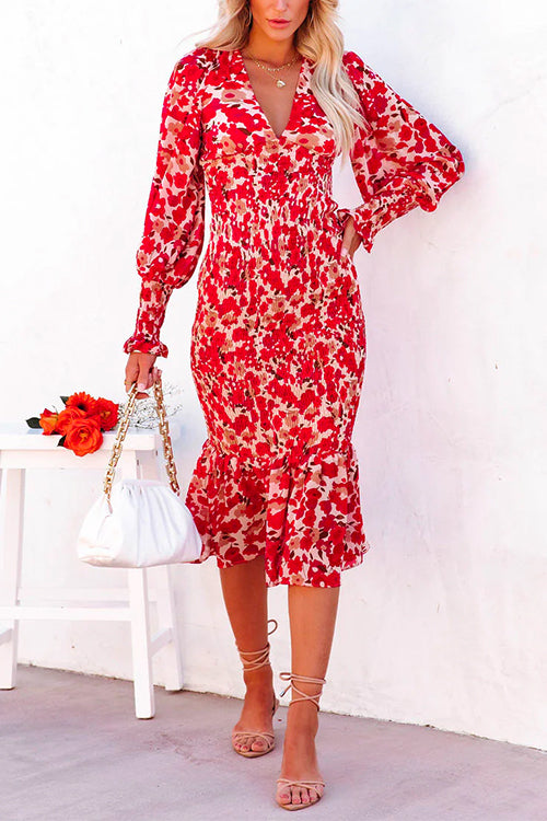 V Neck Long Sleeves Dress Printed Mermaid Midi Dress Red