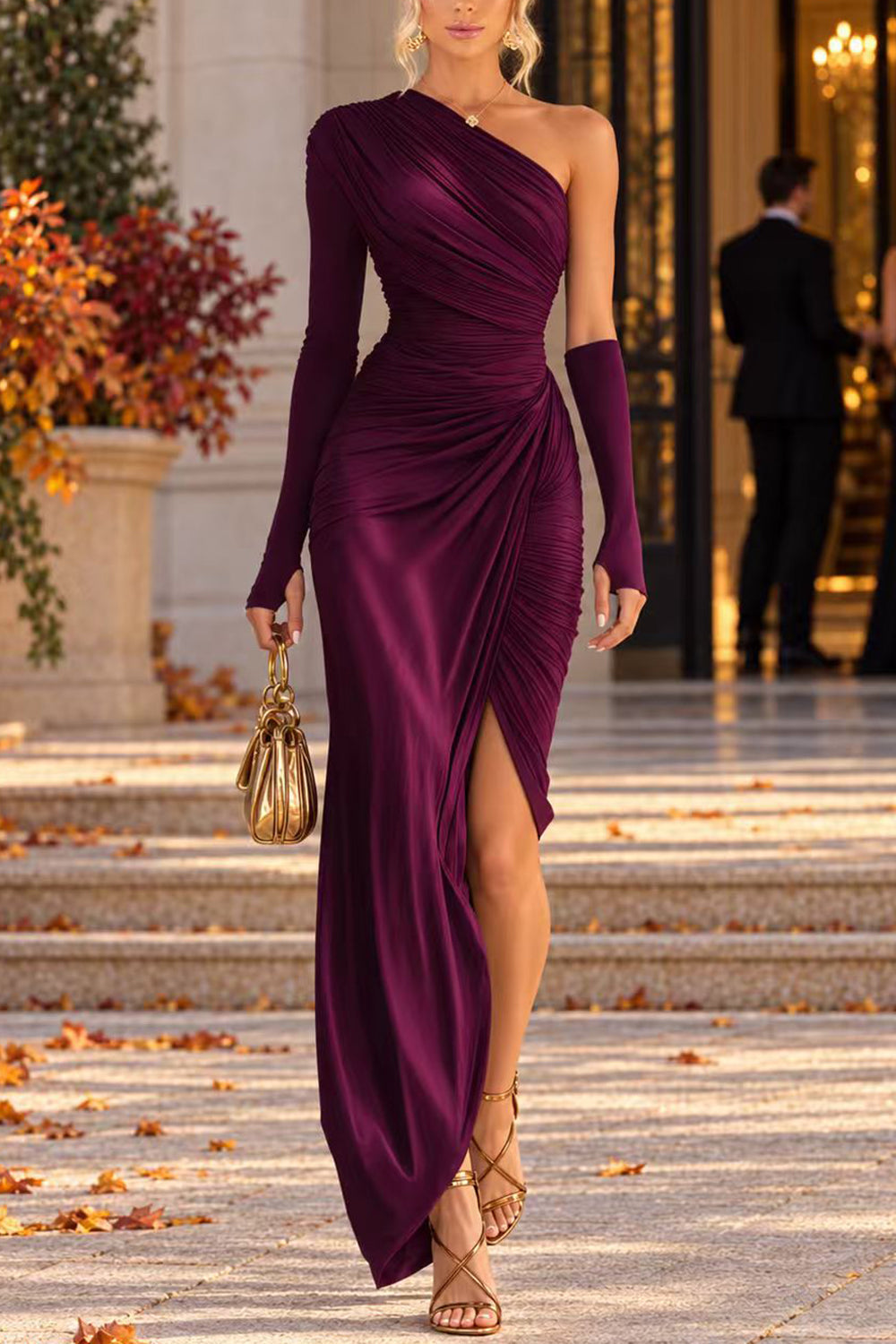One Shoulder Long Sleeve Ruched Slit Maxi Dress