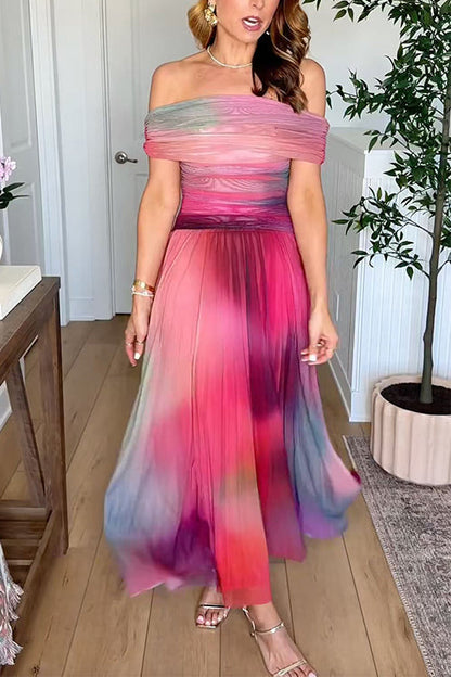 Off Shoulder Sunset Gradient Pleated Maxi Dress