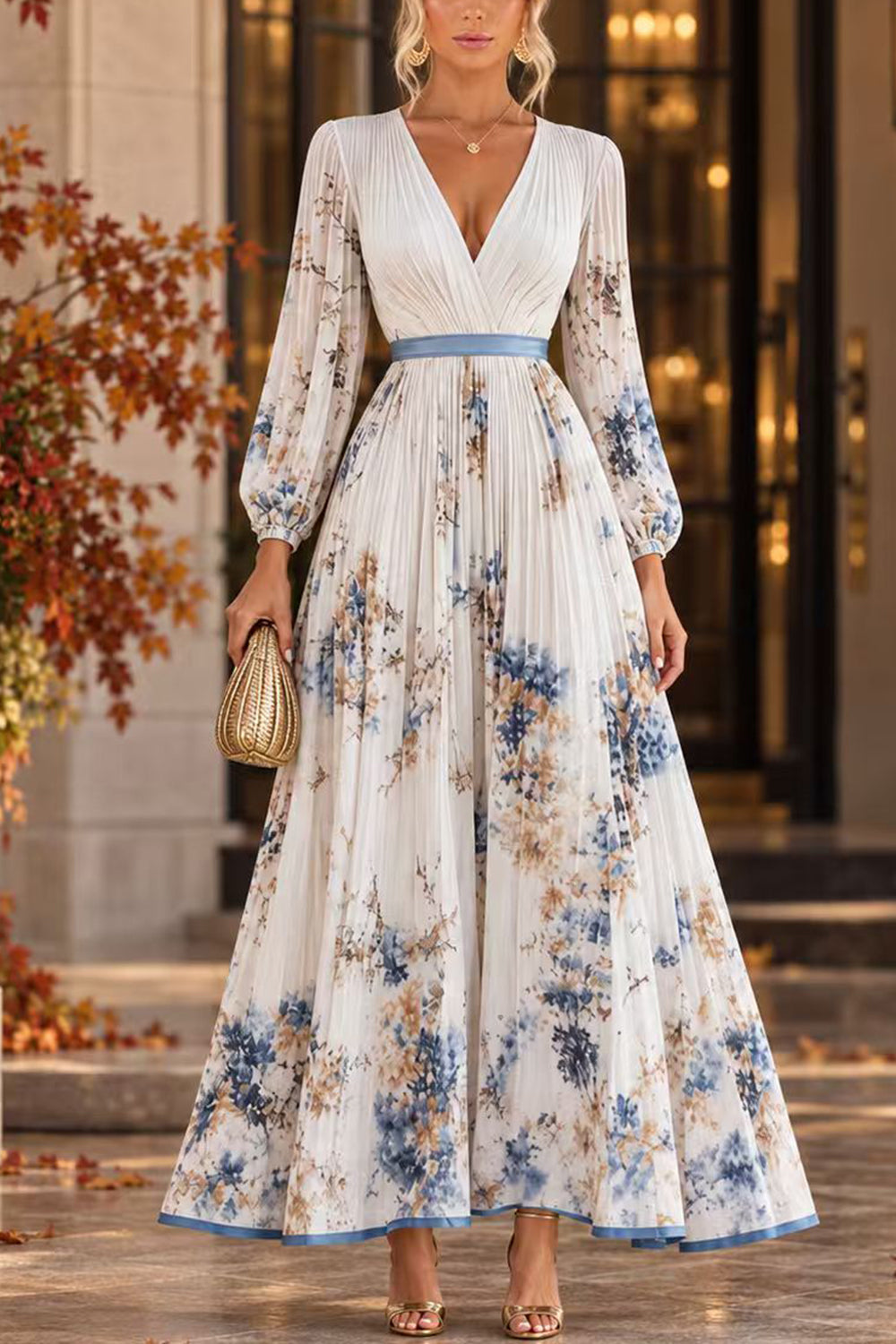 V Neck Lantern Long Sleeves Floral Print Pleated Maxi Dress (A)