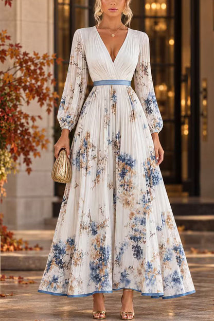 V Neck Lantern Long Sleeves Floral Print Pleated Maxi Dress (A)