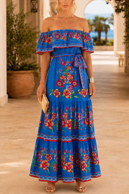 Off Shoulder Bow Waist Floral Print Ruffle Maxi Dress