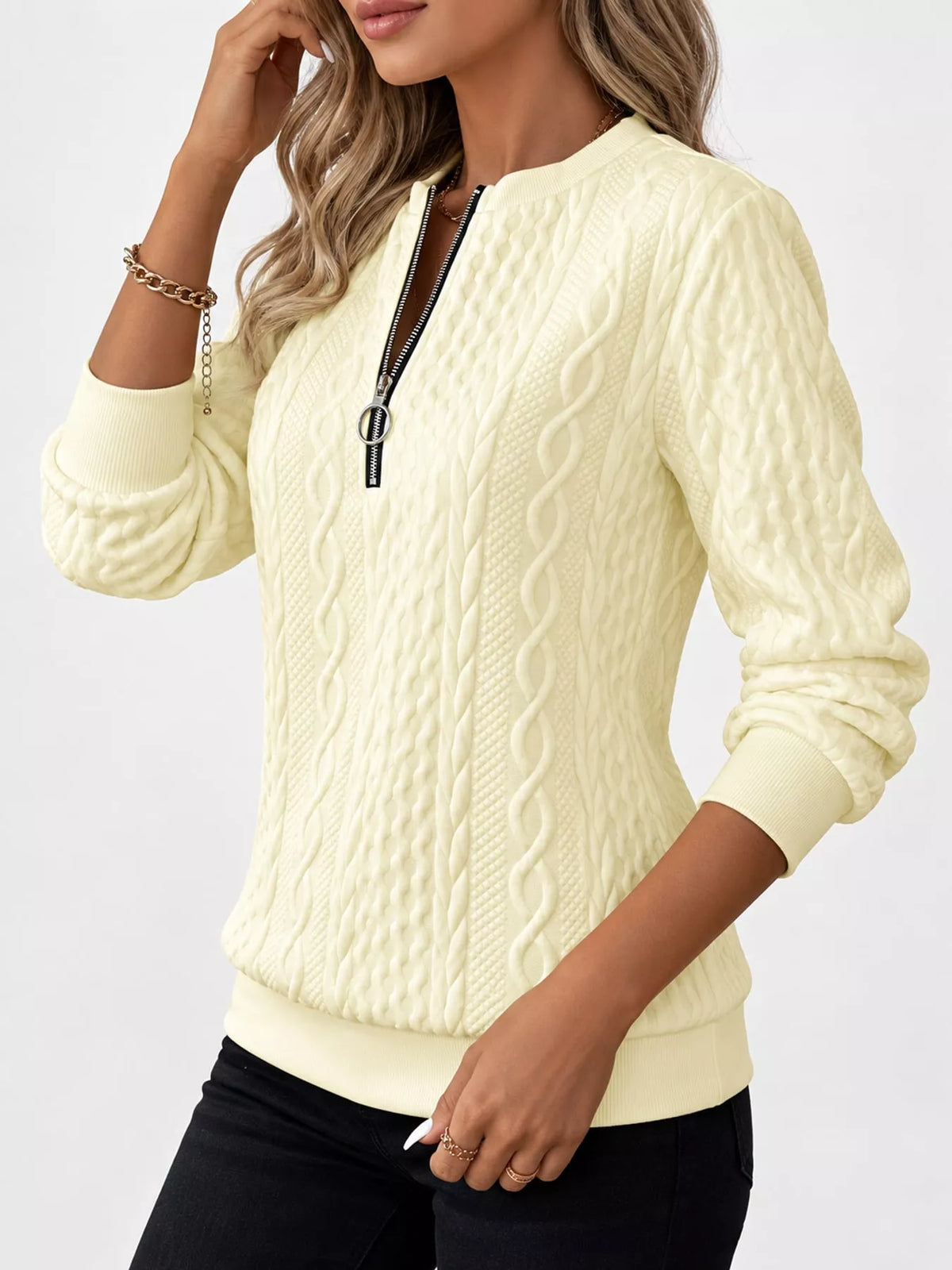 Full Size Quarter-Zip Cable Knit Sweatshirt Plus Size
