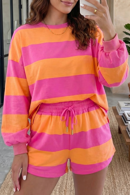 Pink Stripe Long Sleeve Casual Top Drawstring Shorts 2pcs Set