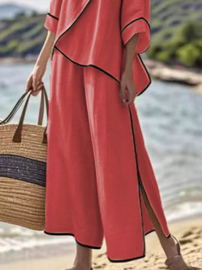 Full Size Contrast Trim Top and Wide Leg Pants Set Plus Size