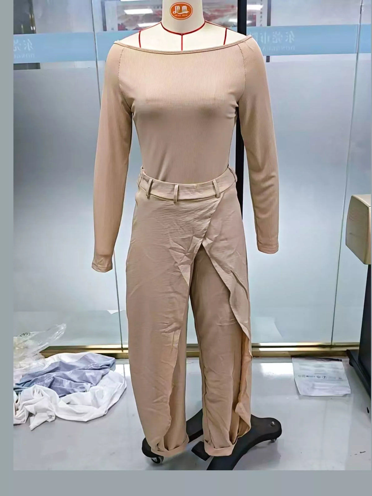 Boat Neck Long-Sleeve Top and Wrap Wide-Leg Pant Set