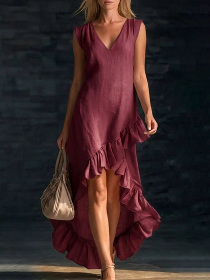 Full Size V-Neck Ruffle Hem High-Low Dress Plus Size