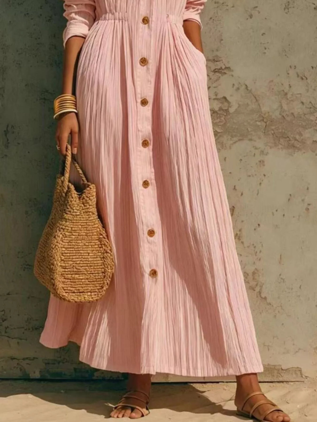 Button-Down Textured Maxi Shirt Dress
