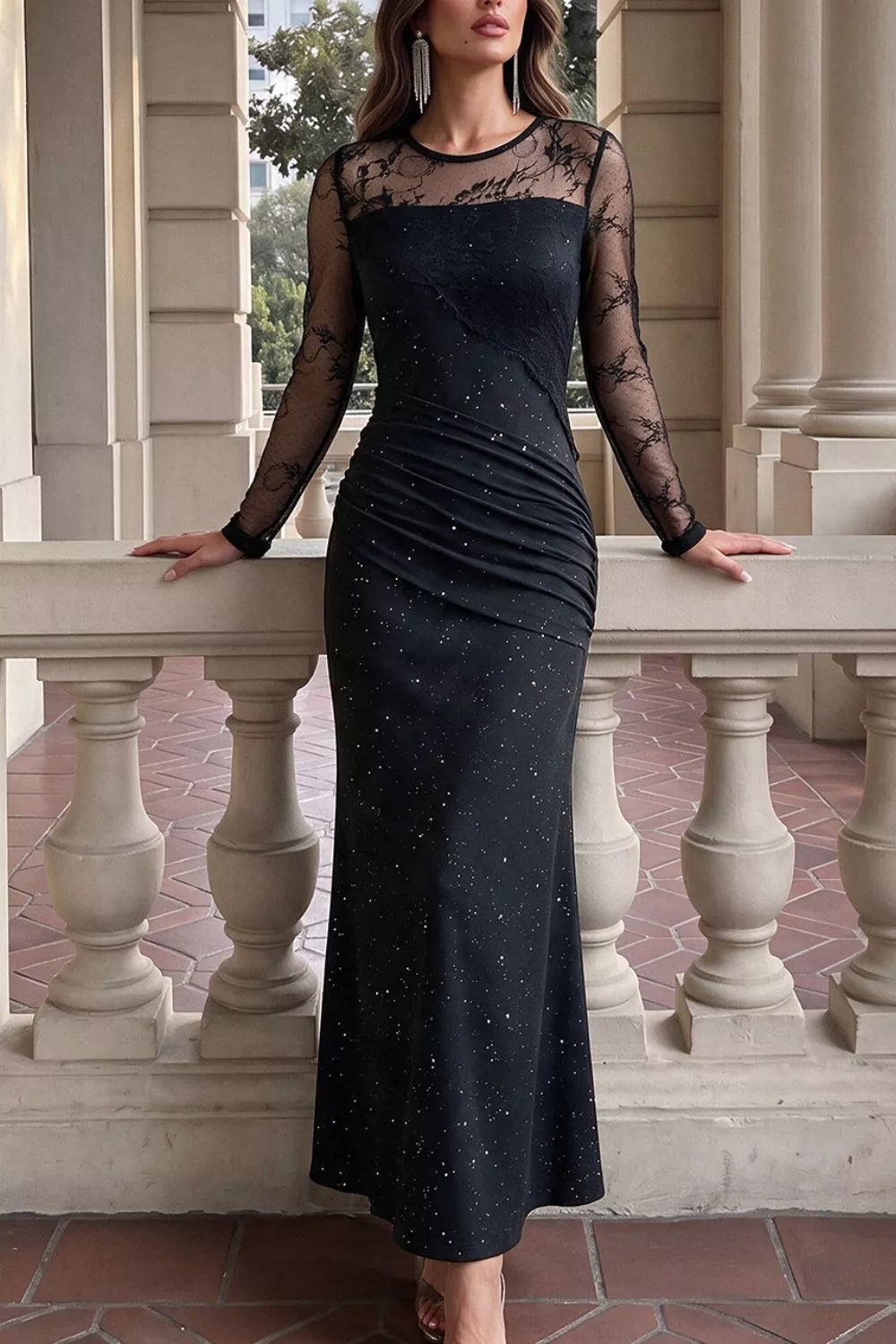 Glitter Mesh Long Sleeve Maxi Dress