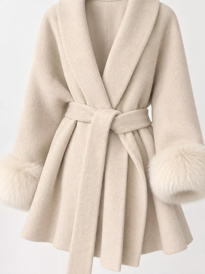 Waist Tie Outerwear with Faux Fur Cuffs