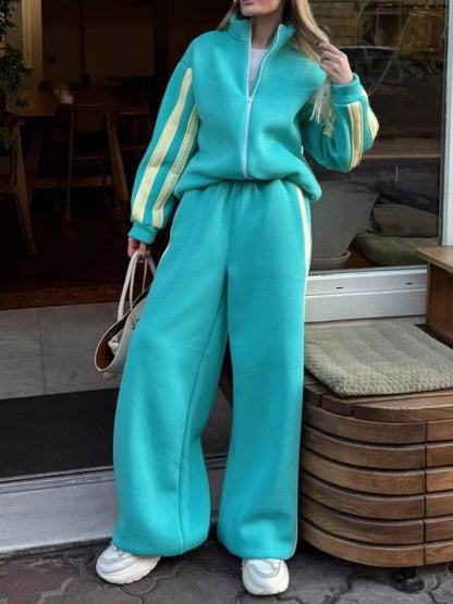 Contrast Striped Zip Up Top and Pants Set