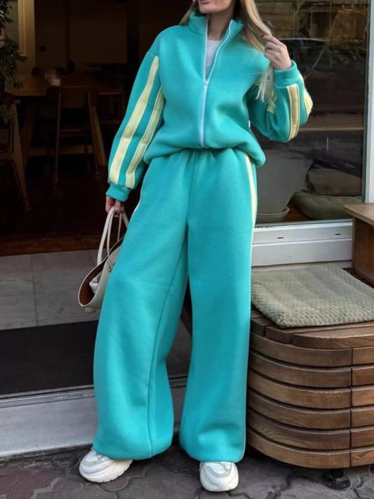 Contrast Striped Zip Up Top and Pants Set
