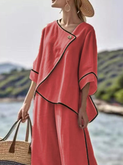 Full Size Contrast Trim Top and Wide Leg Pants Set Plus Size