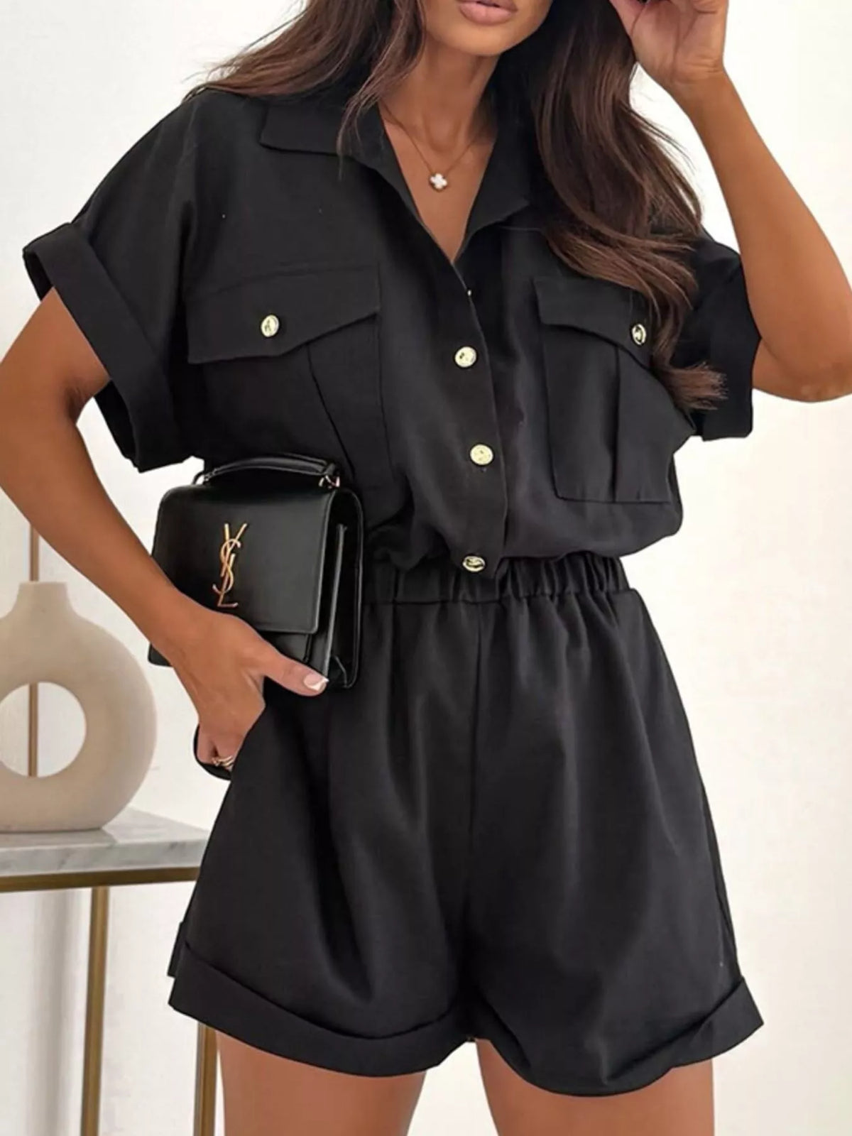 Button Front Short Sleeve Shirt and Shorts Set