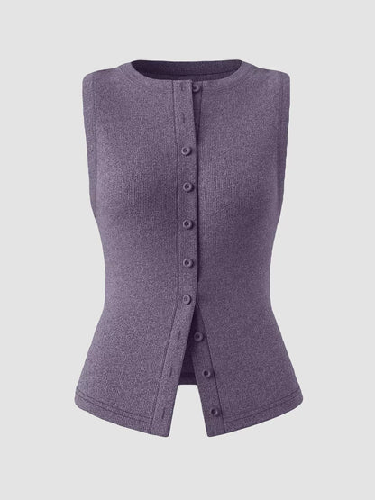 Ribbed Button-Front Sleeveless Tank