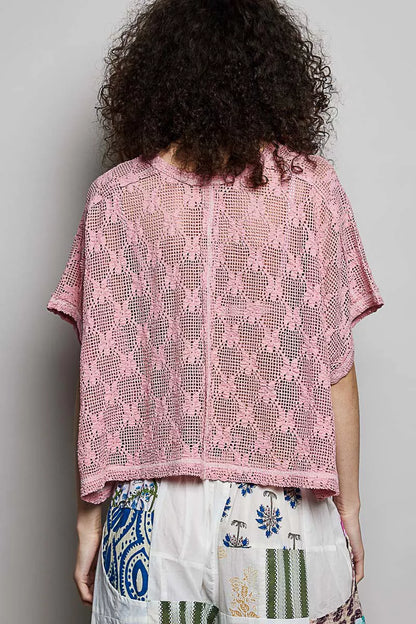 POL Crochet Lace Short Sleeve Top